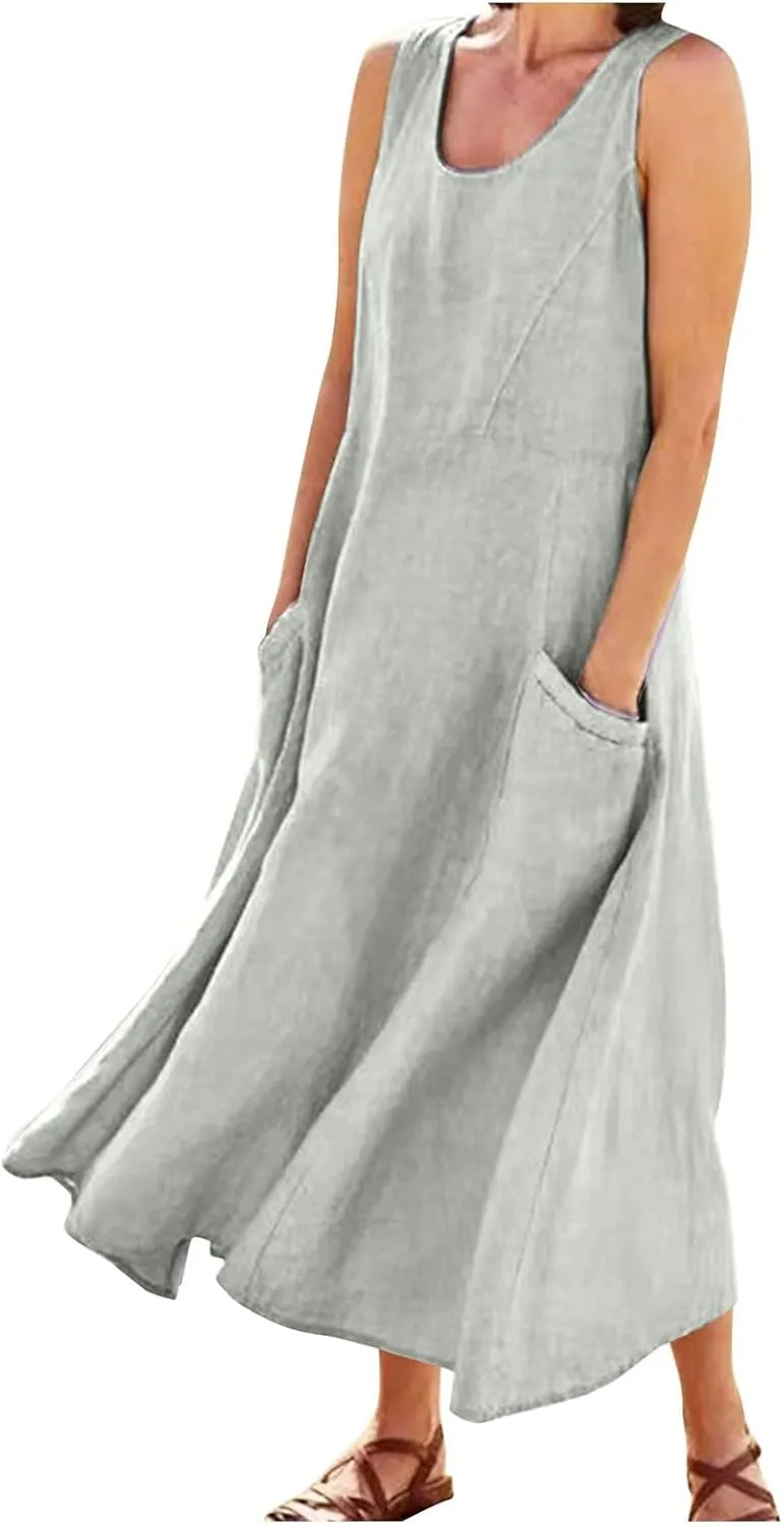Linen Dress for Women Summer Sleeveless Solid Casual Baggy Flowy Maxi Dresses Plus Size Sundress with Pockets