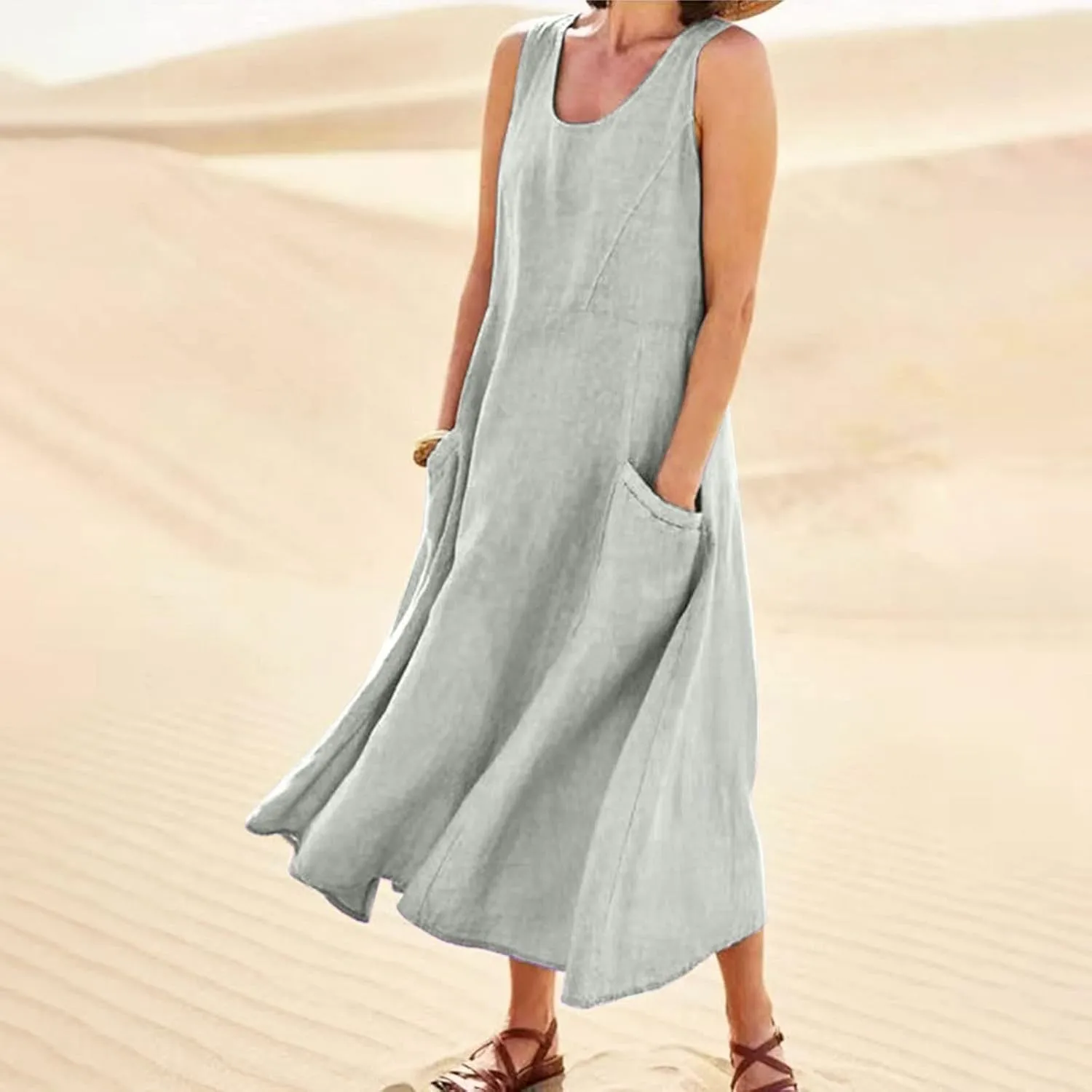 Linen Dress for Women Summer Sleeveless Solid Casual Baggy Flowy Maxi Dresses Plus Size Sundress with Pockets