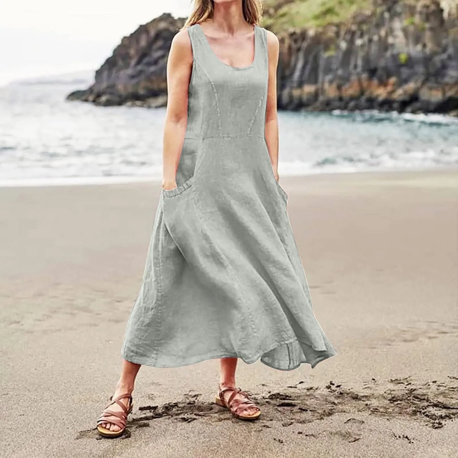 Linen Dress for Women Summer Sleeveless Solid Casual Baggy Flowy Maxi Dresses Plus Size Sundress with Pockets
