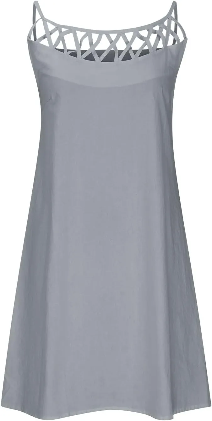 Linen Dress for Women Summer Trendy Loose Round Neck Solid Sundress Casual Sleeveless Vacation Pleated Dresses