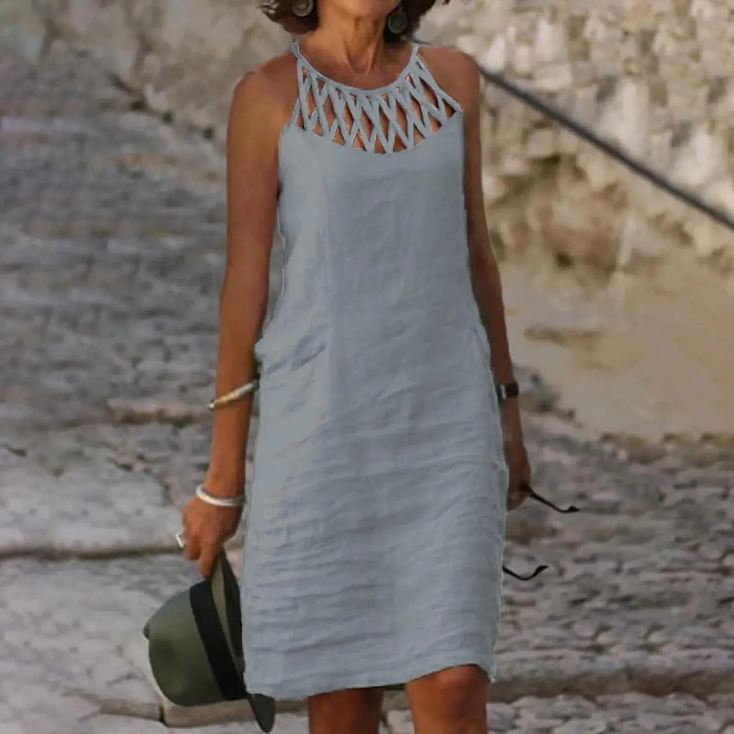 Linen Dress for Women Summer Trendy Loose Round Neck Solid Sundress Casual Sleeveless Vacation Pleated Dresses