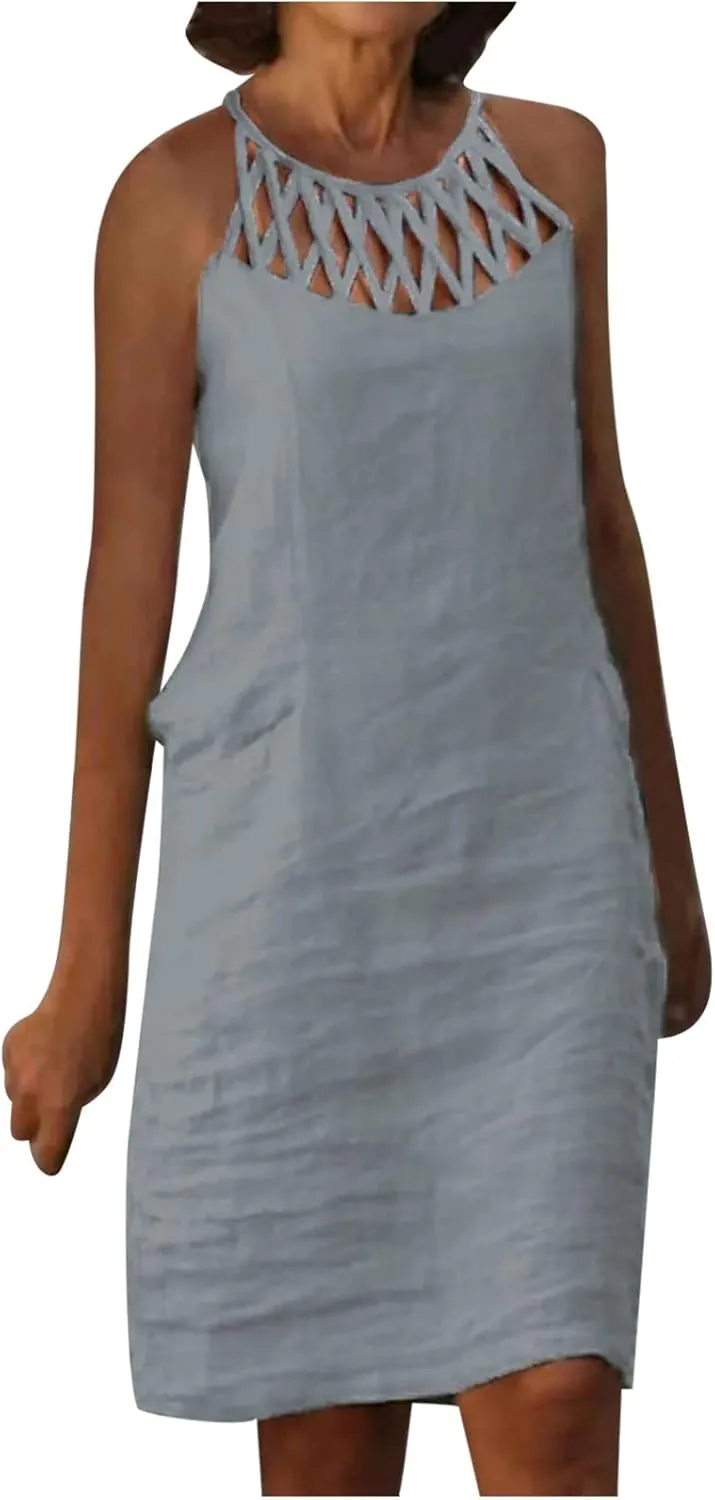 Linen Dress for Women Summer Trendy Loose Round Neck Solid Sundress Casual Sleeveless Vacation Pleated Dresses