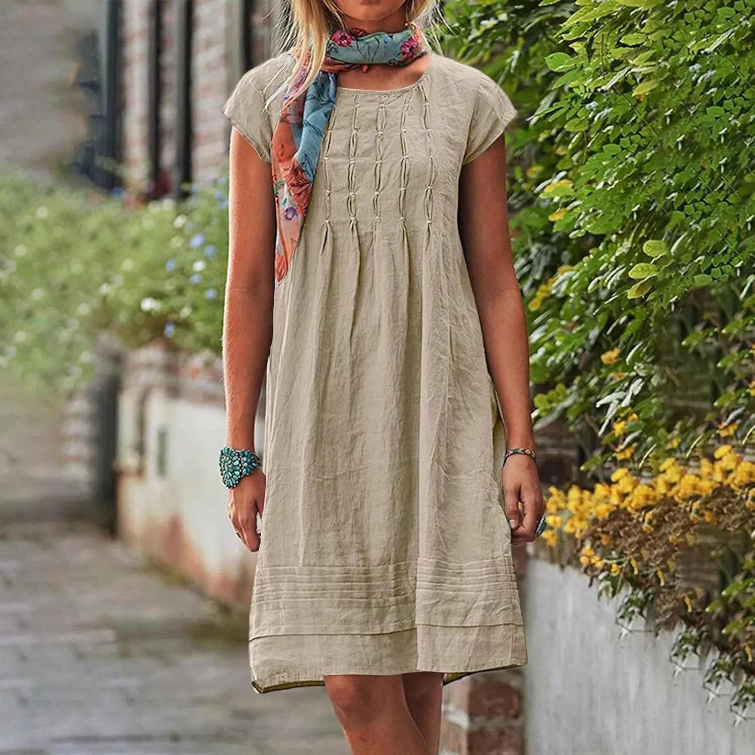 Linen Dress Women 2025 Summer Crew Neck Casual Midi Dress Plus Size Cap Sleeve Pleated Beach Dresses Vacation Outfits
