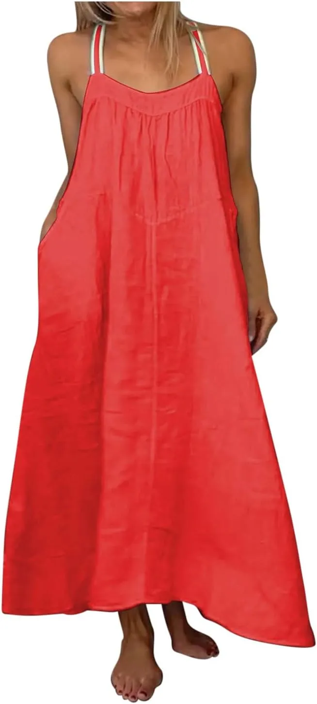 Linen Dress Women Summer Spaghetti Straps Sleeveless Maxi Long Flowy Dress Solid Color Cover Up Loose Beach Dress