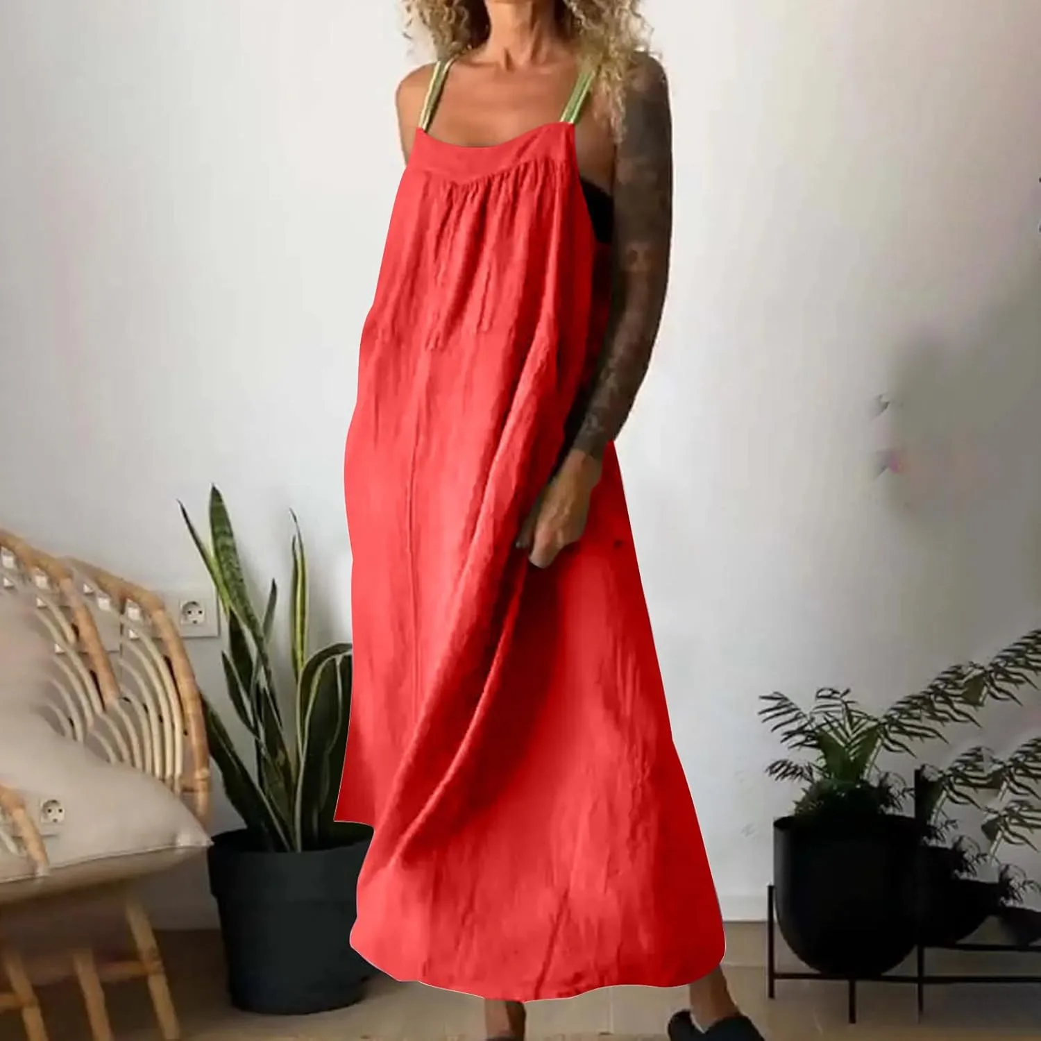 Linen Dress Women Summer Spaghetti Straps Sleeveless Maxi Long Flowy Dress Solid Color Cover Up Loose Beach Dress
