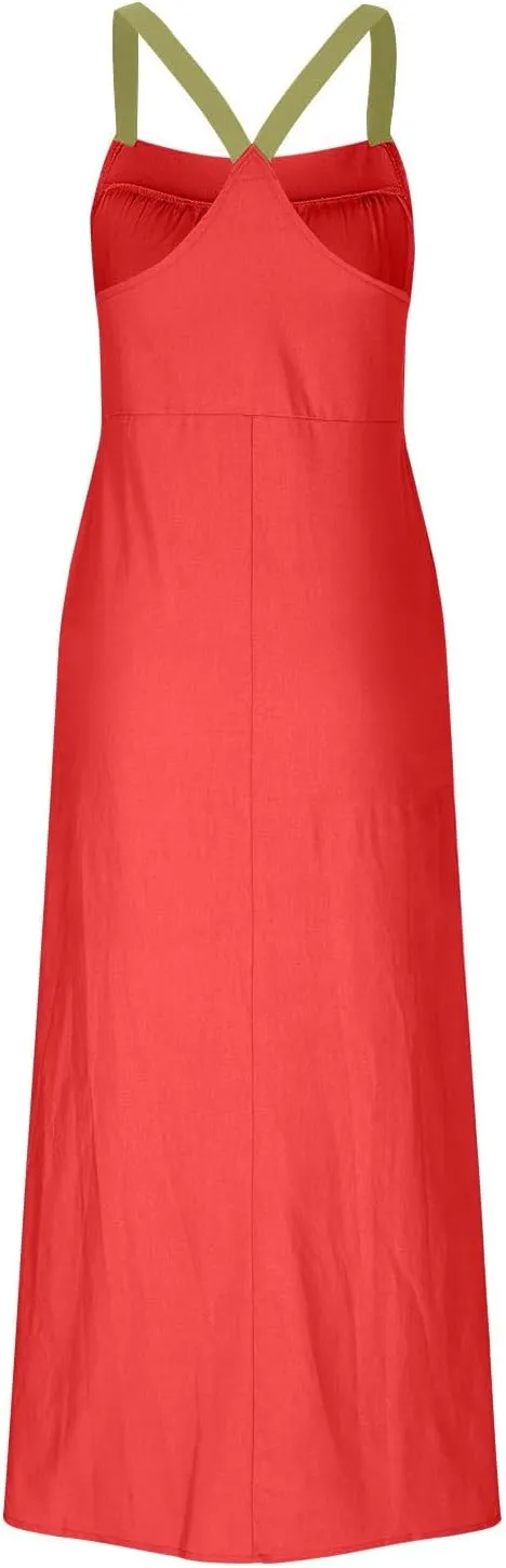 Linen Dress Women Summer Spaghetti Straps Sleeveless Maxi Long Flowy Dress Solid Color Cover Up Loose Beach Dress