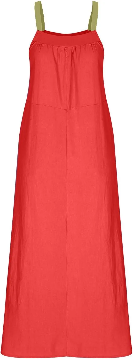 Linen Dress Women Summer Spaghetti Straps Sleeveless Maxi Long Flowy Dress Solid Color Cover Up Loose Beach Dress