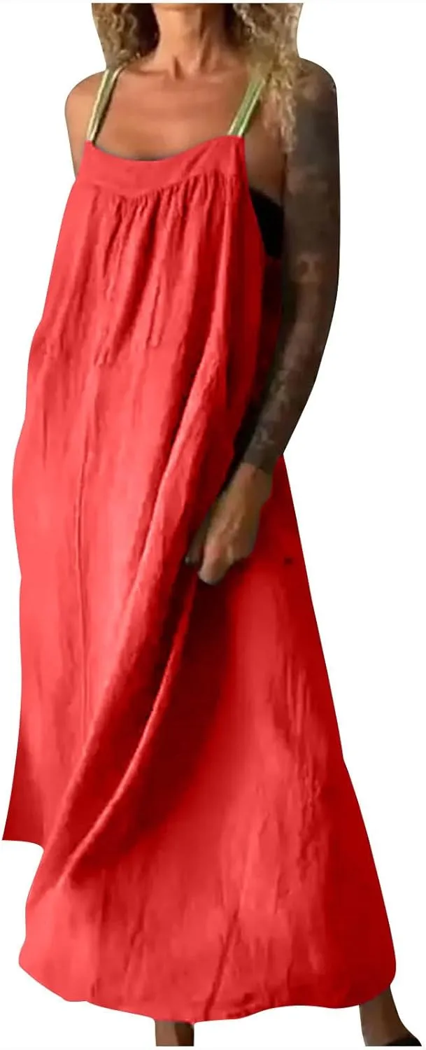 Linen Dress Women Summer Spaghetti Straps Sleeveless Maxi Long Flowy Dress Solid Color Cover Up Loose Beach Dress
