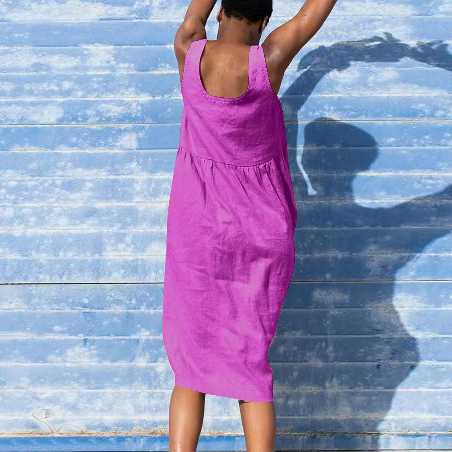 Linen Dresses for Women 2024 Summer Midi V Neck Sleeveless Button Pleated Sundresses Casual Beach Flowy Tank Dress