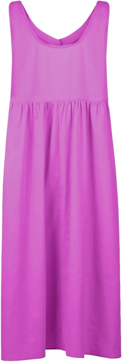 Linen Dresses for Women 2024 Summer Midi V Neck Sleeveless Button Pleated Sundresses Casual Beach Flowy Tank Dress