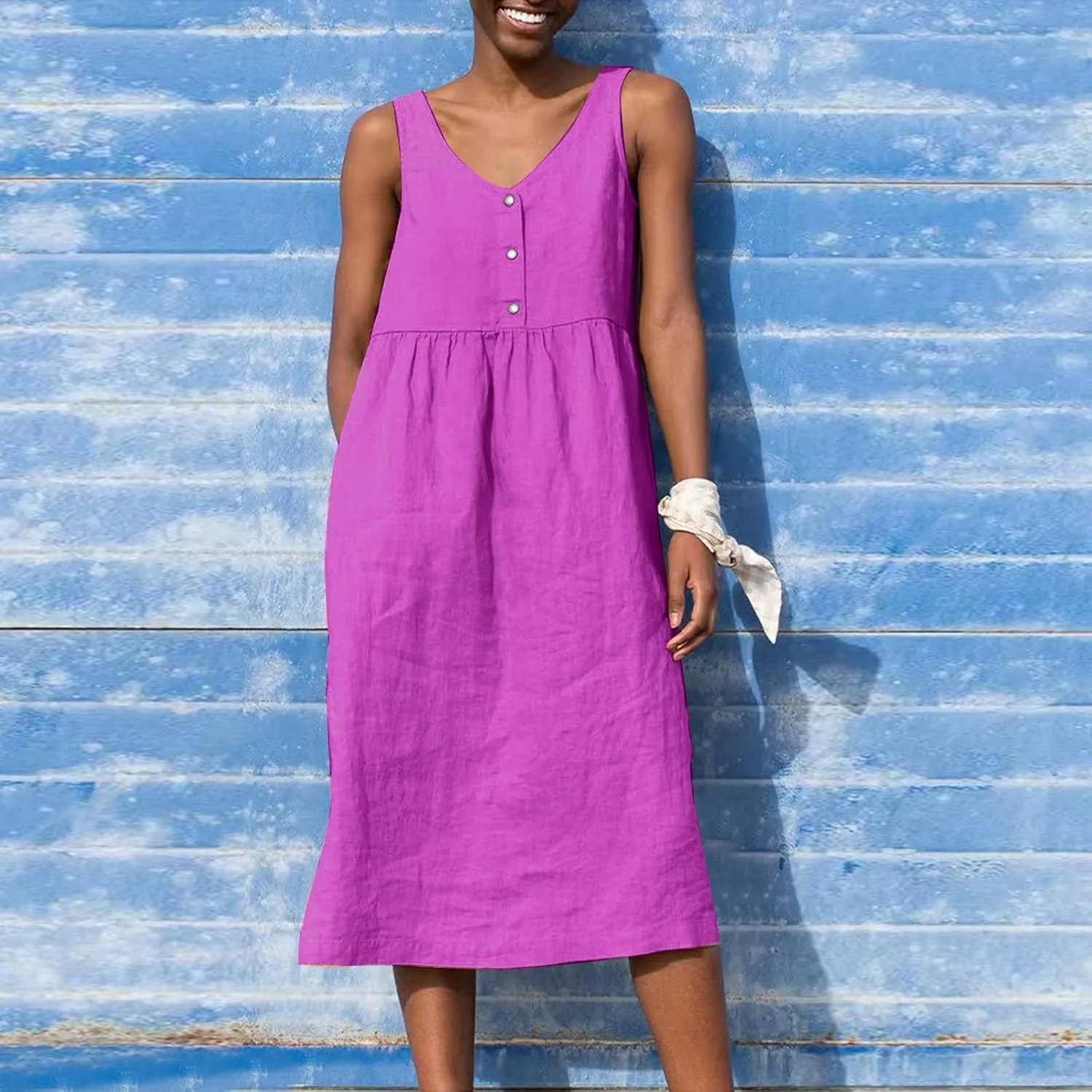 Linen Dresses for Women 2024 Summer Midi V Neck Sleeveless Button Pleated Sundresses Casual Beach Flowy Tank Dress