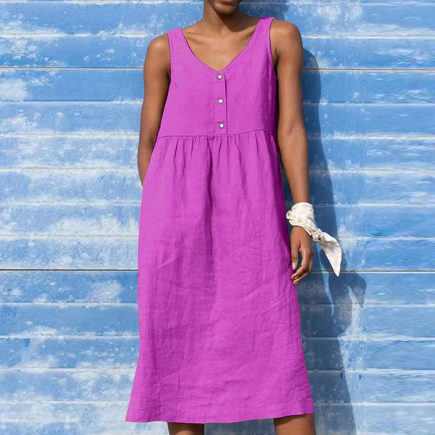Linen Dresses for Women 2024 Summer Midi V Neck Sleeveless Button Pleated Sundresses Casual Beach Flowy Tank Dress