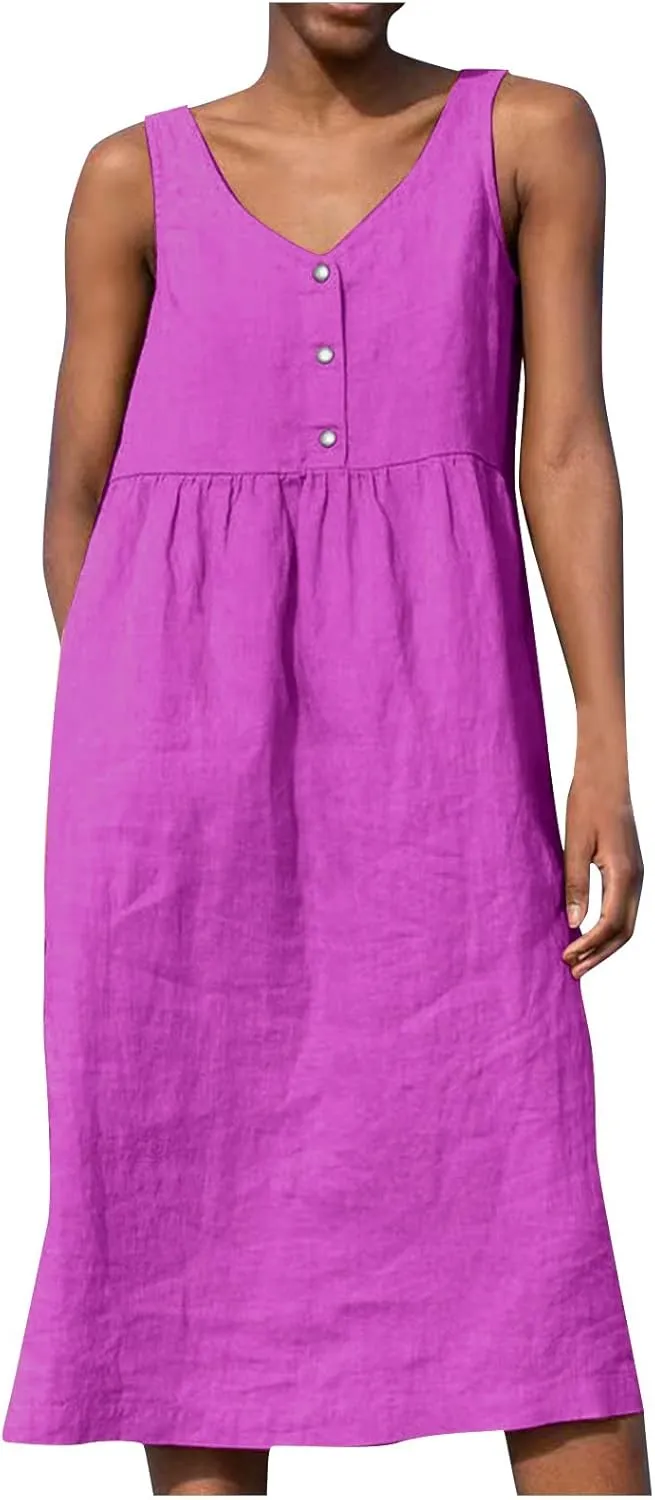 Linen Dresses for Women 2024 Summer Midi V Neck Sleeveless Button Pleated Sundresses Casual Beach Flowy Tank Dress
