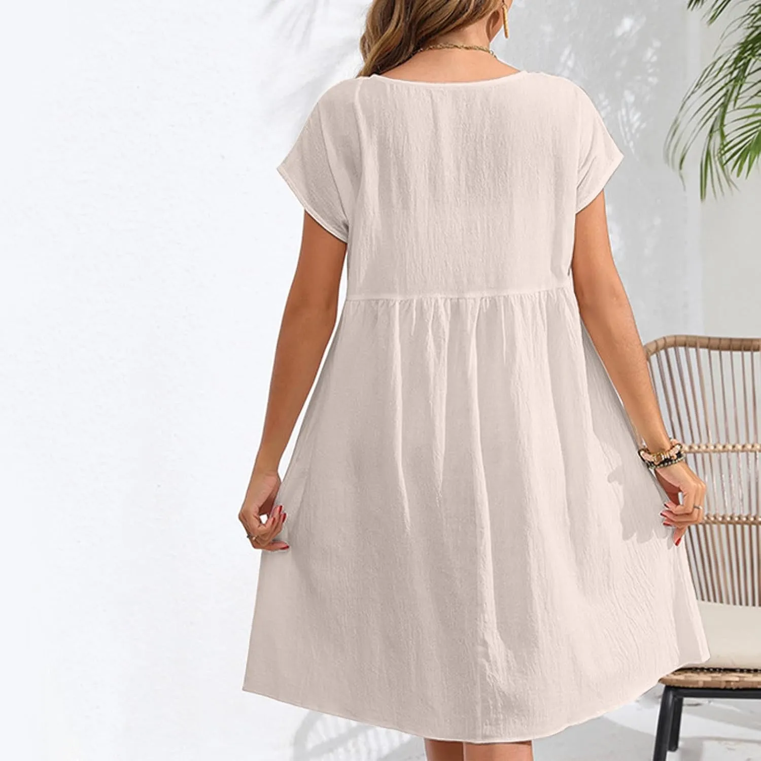 Linen Dresses for Women 2025 Casual Loose Round Neck Short Sleeve Sundress Fashion Solid Pleated Summer Dress