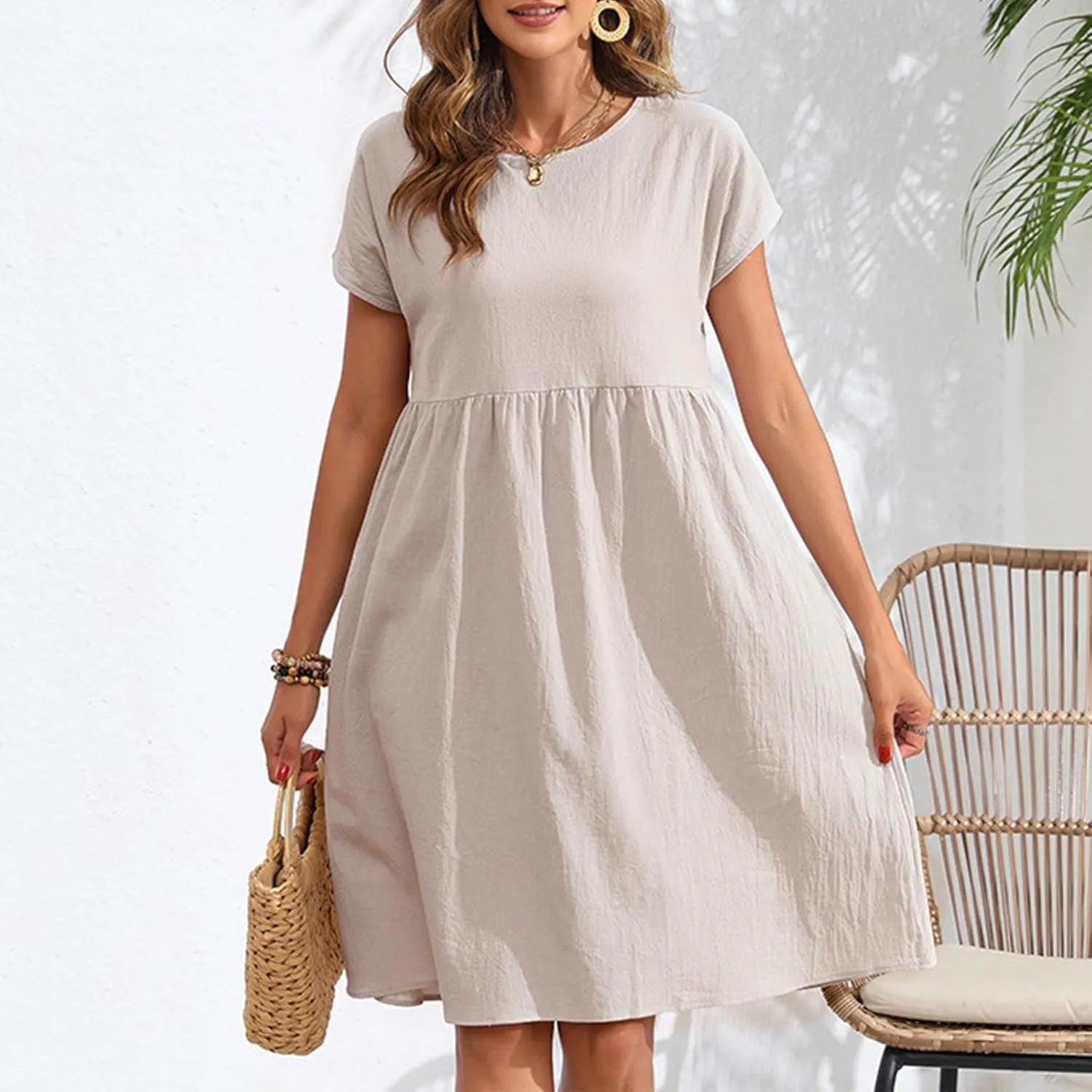 Linen Dresses for Women 2025 Casual Loose Round Neck Short Sleeve Sundress Fashion Solid Pleated Summer Dress
