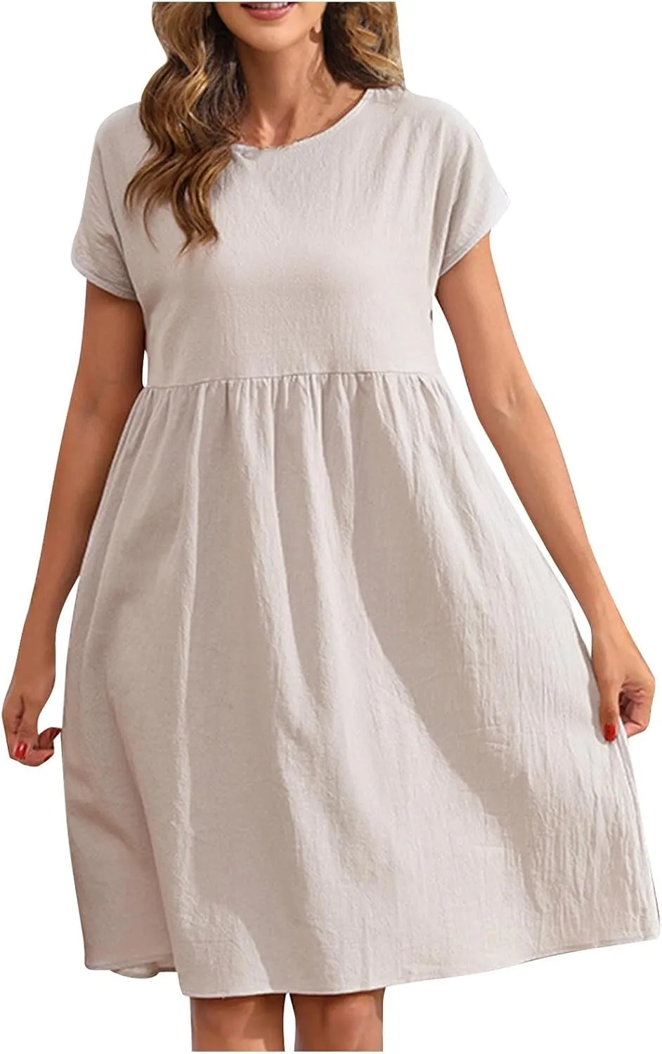 Linen Dresses for Women 2025 Casual Loose Round Neck Short Sleeve Sundress Fashion Solid Pleated Summer Dress