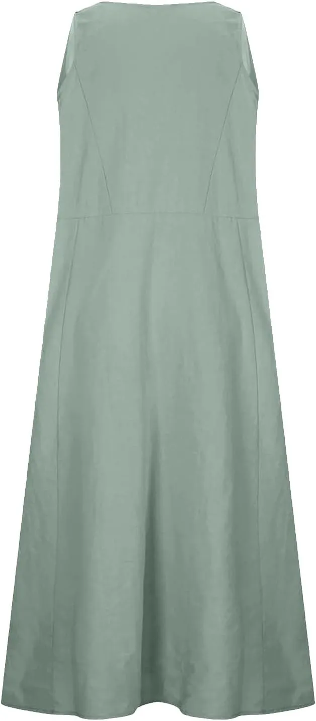 Linen Dresses for Women 2025 Casual Sleeveless Loose V Neck Sundress Fashion Solid Color Summer Dress with Pockets