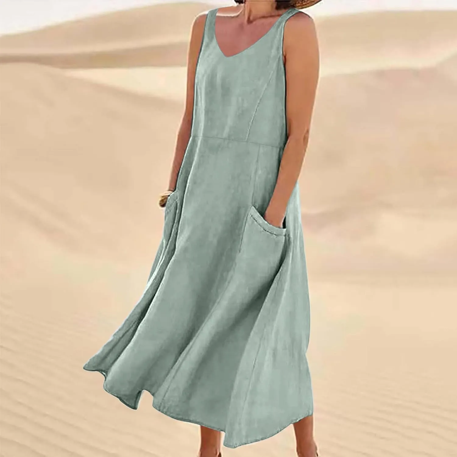 Linen Dresses for Women 2025 Casual Sleeveless Loose V Neck Sundress Fashion Solid Color Summer Dress with Pockets