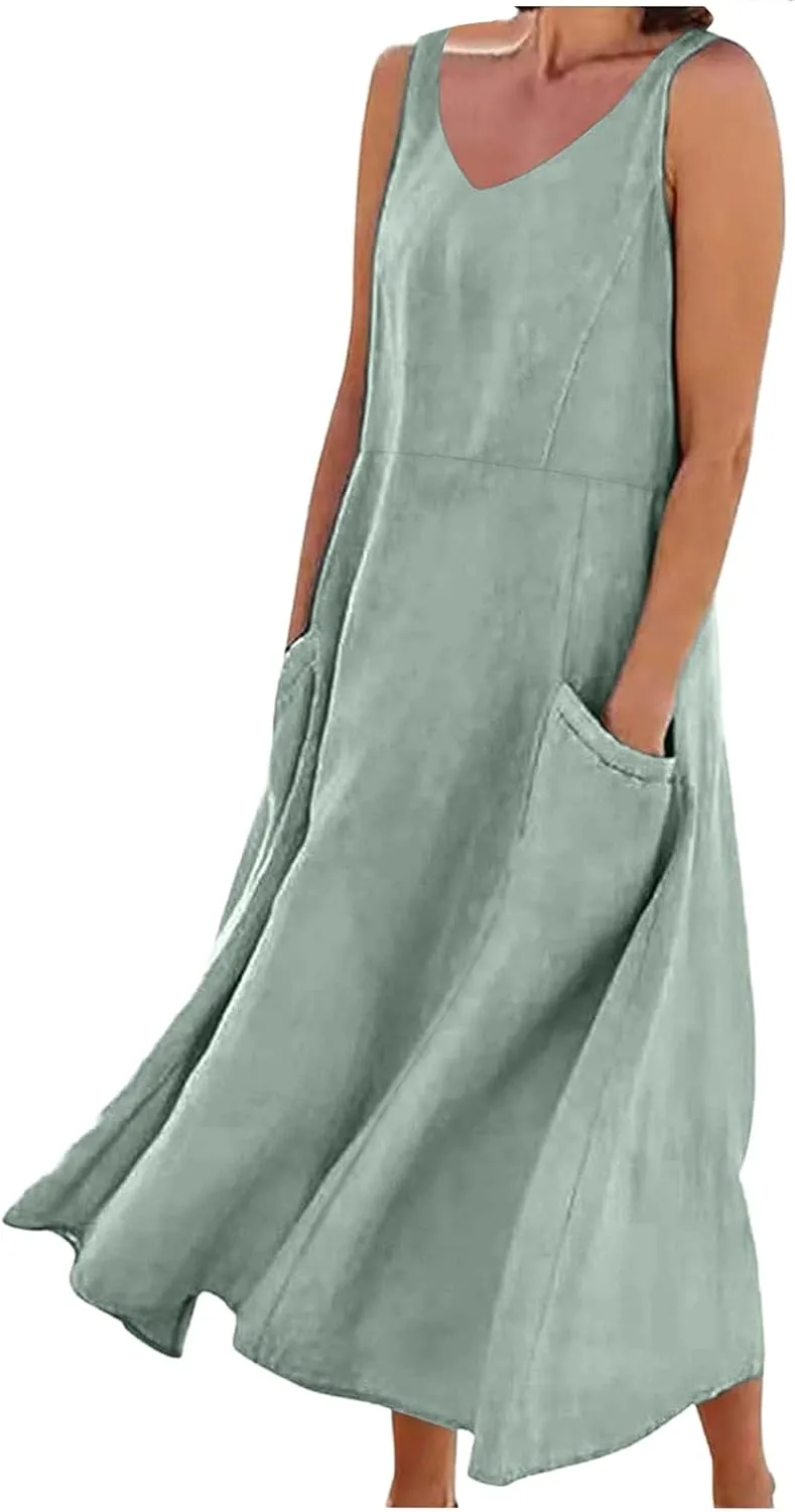 Linen Dresses for Women 2025 Casual Sleeveless Loose V Neck Sundress Fashion Solid Color Summer Dress with Pockets