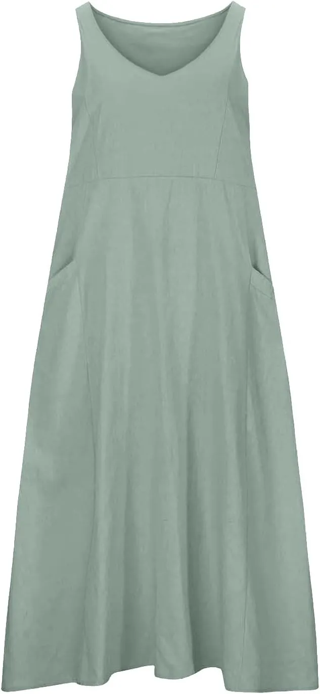 Linen Dresses for Women 2025 Casual Sleeveless Loose V Neck Sundress Fashion Solid Color Summer Dress with Pockets