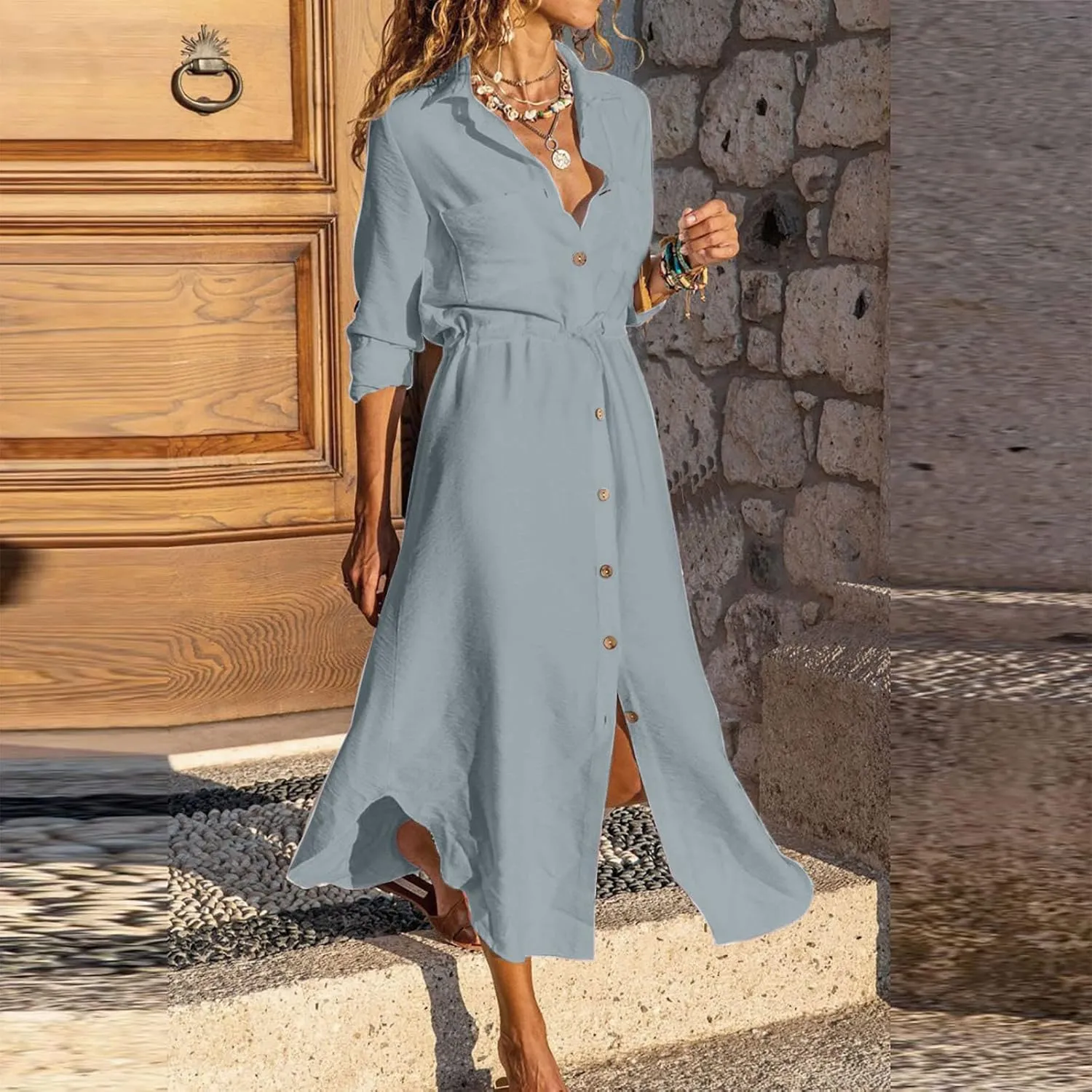 Linen Dresses for Women 2025 Casual Spring Loose Fit Lapel Shirt Dress Fashion Solid Color Button Pleated Dress