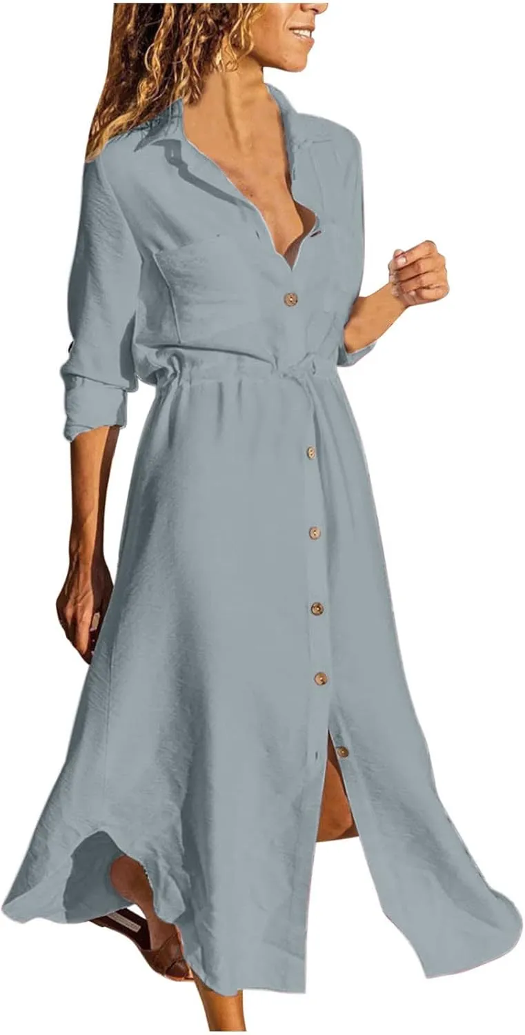 Linen Dresses for Women 2025 Casual Spring Loose Fit Lapel Shirt Dress Fashion Solid Color Button Pleated Dress