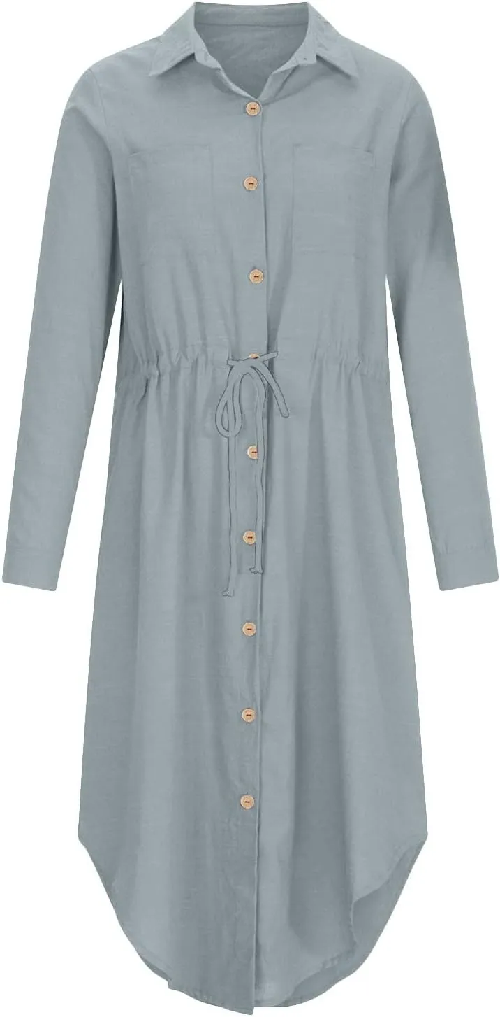 Linen Dresses for Women 2025 Casual Spring Loose Fit Lapel Shirt Dress Fashion Solid Color Button Pleated Dress