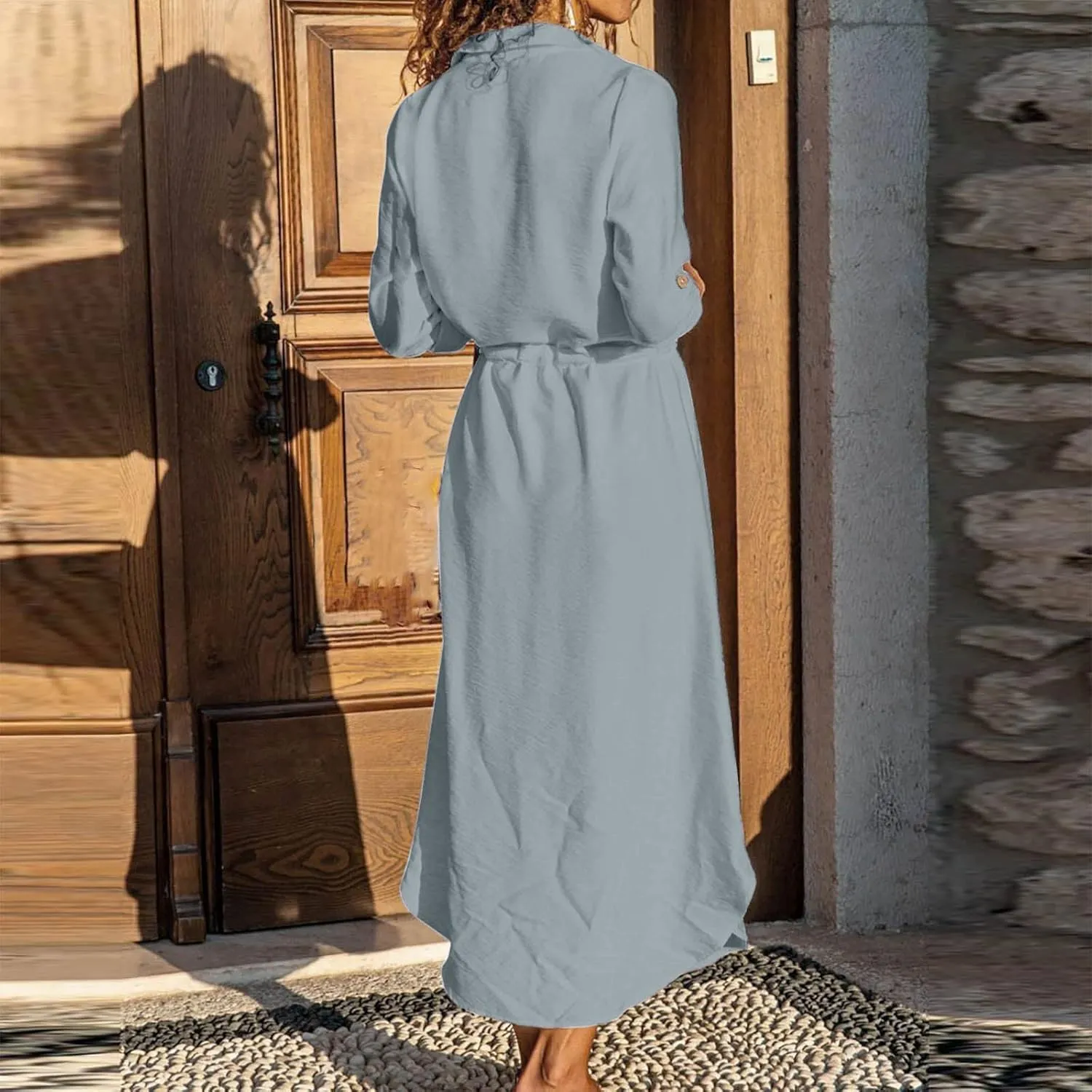 Linen Dresses for Women 2025 Casual Spring Loose Fit Lapel Shirt Dress Fashion Solid Color Button Pleated Dress
