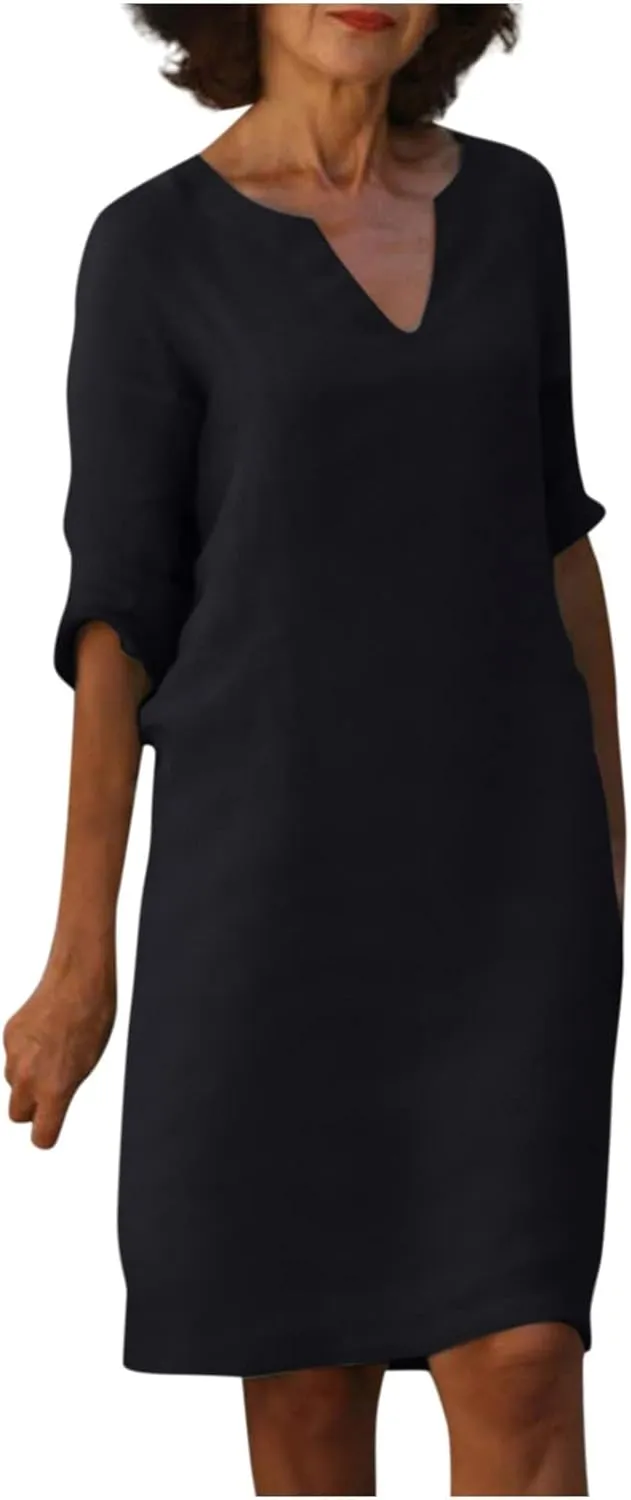 Linen Dresses for Women 2025 Summer Casual V Neck Half Sleeve Midi Dress Spring Vacaion Clothes