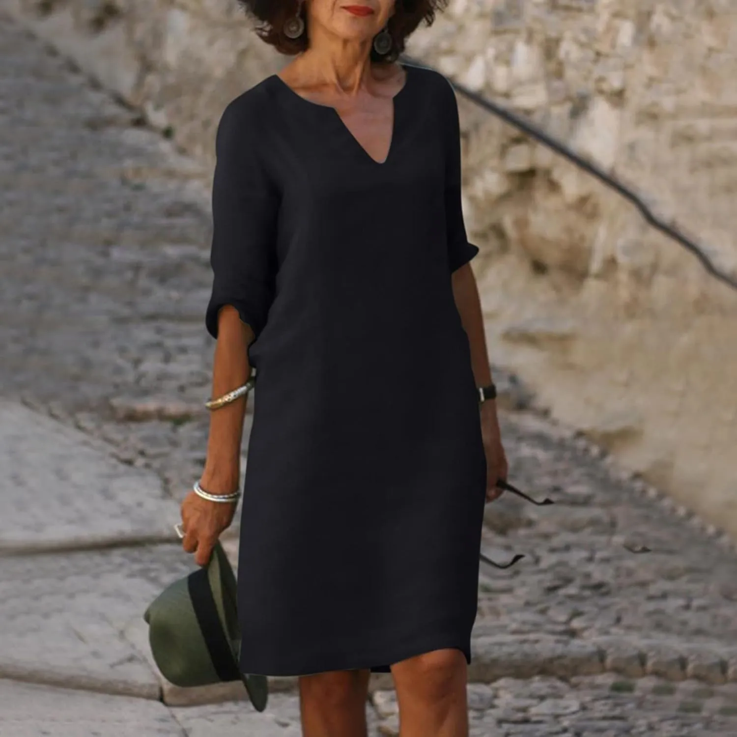Linen Dresses for Women 2025 Summer Casual V Neck Half Sleeve Midi Dress Spring Vacaion Clothes