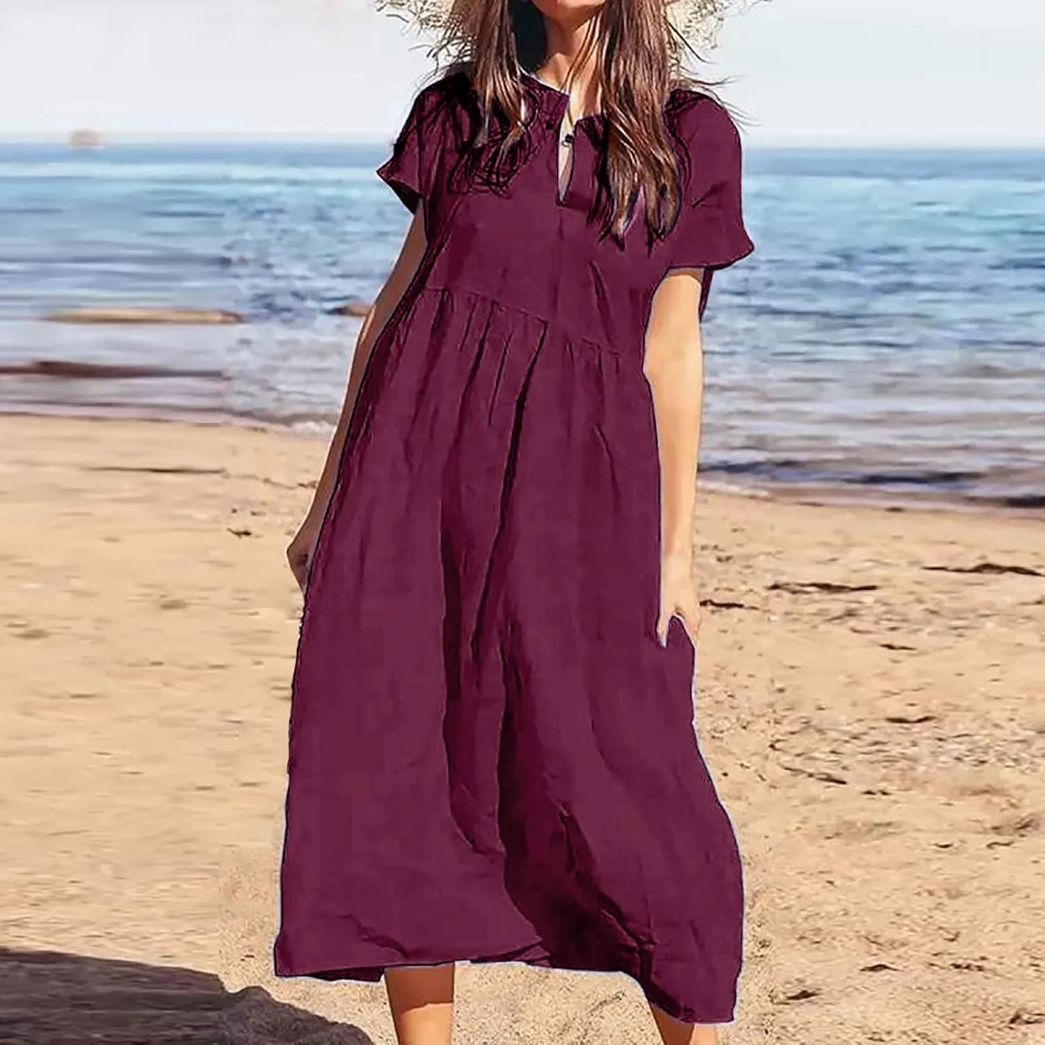 Linen Dresses for Women Summer 2025 Trendy Loose V-Neck Dress Solid Color Casual Short Sleeve Vacation Sundress