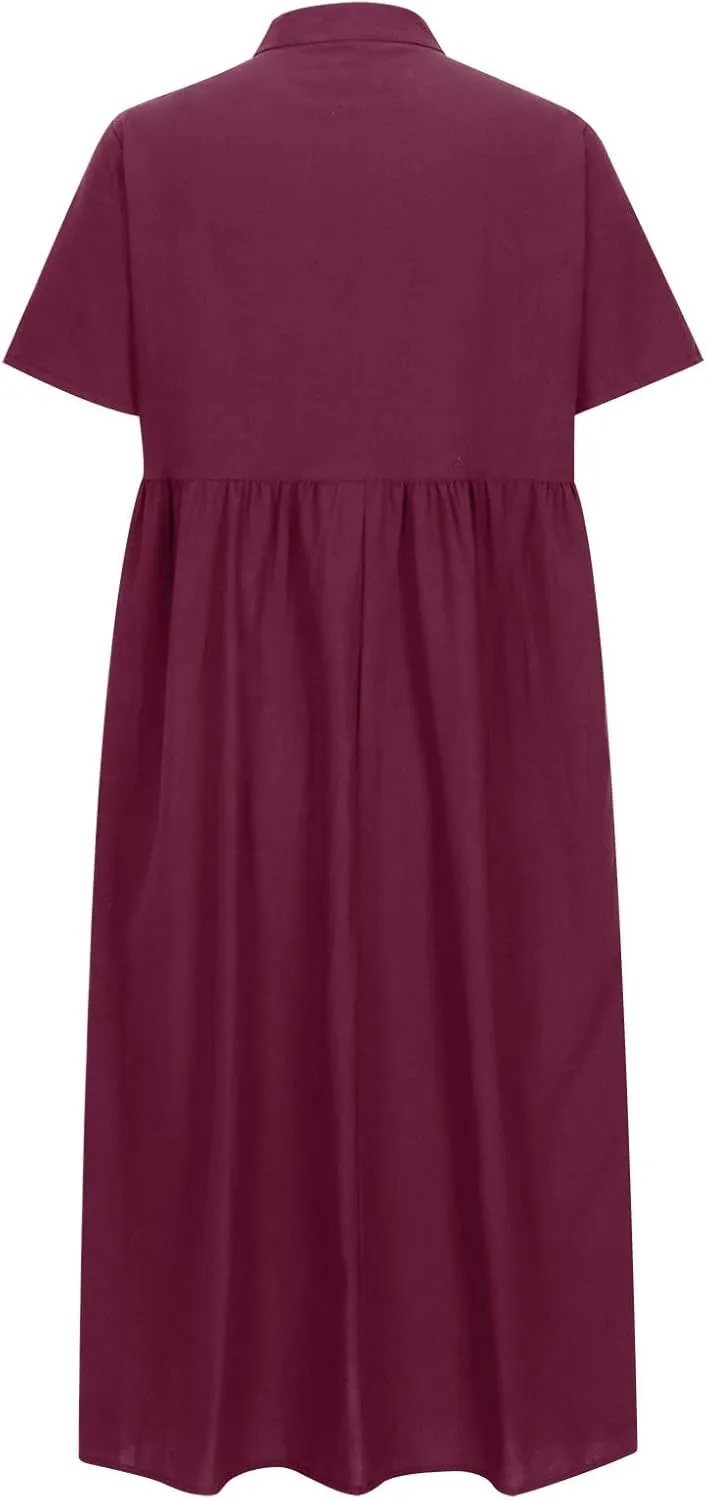 Linen Dresses for Women Summer 2025 Trendy Loose V-Neck Dress Solid Color Casual Short Sleeve Vacation Sundress