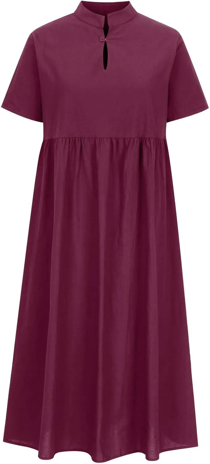 Linen Dresses for Women Summer 2025 Trendy Loose V-Neck Dress Solid Color Casual Short Sleeve Vacation Sundress