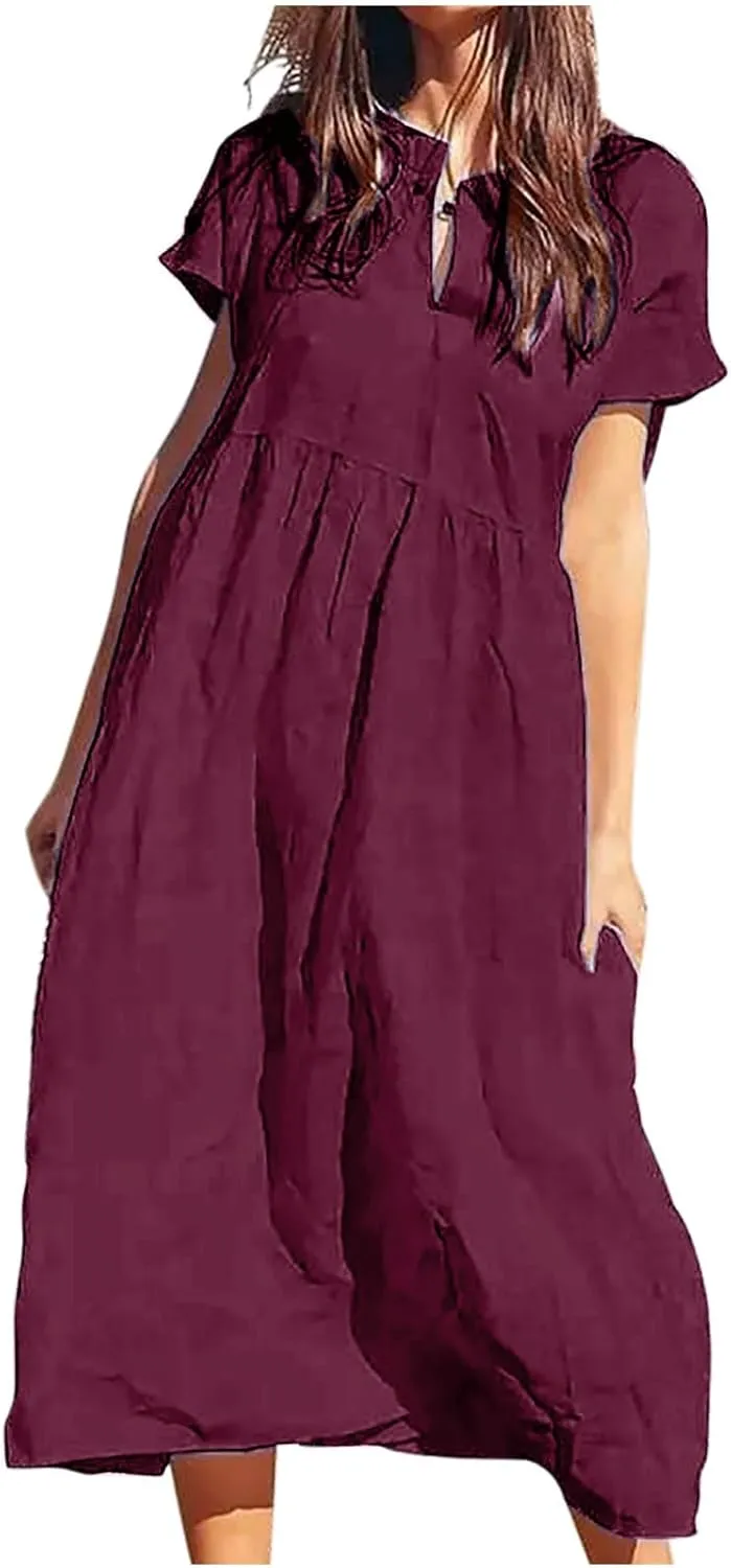 Linen Dresses for Women Summer 2025 Trendy Loose V-Neck Dress Solid Color Casual Short Sleeve Vacation Sundress