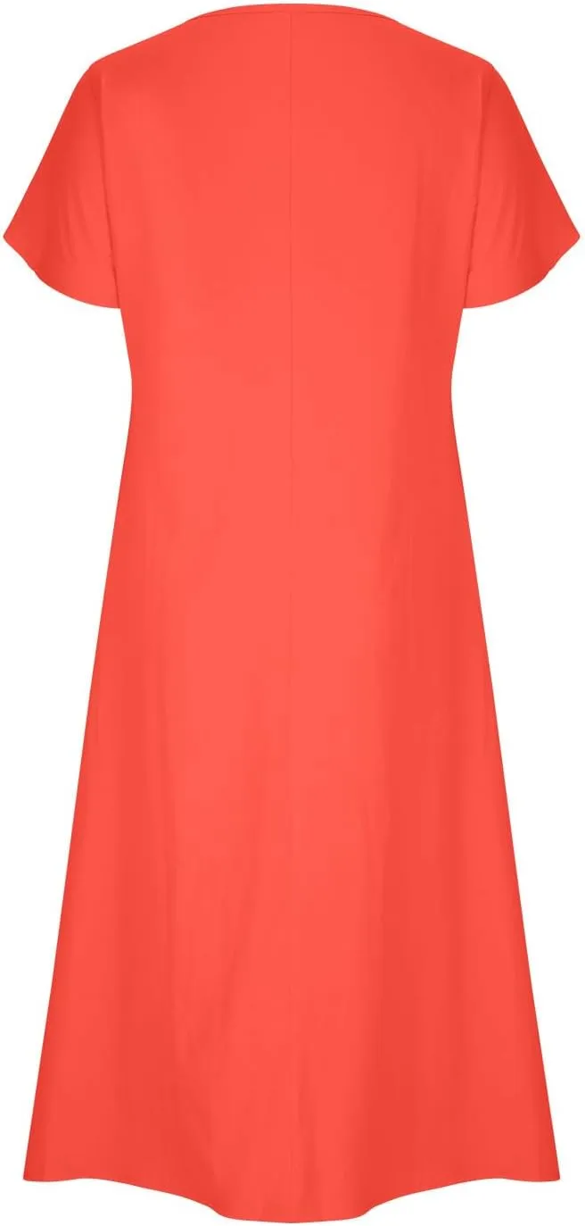 Linen Dresses for Women Summer Casual Short Sleeve Vacation Sundress 2025 Trendy Loose V-Neck Solid Color Dress