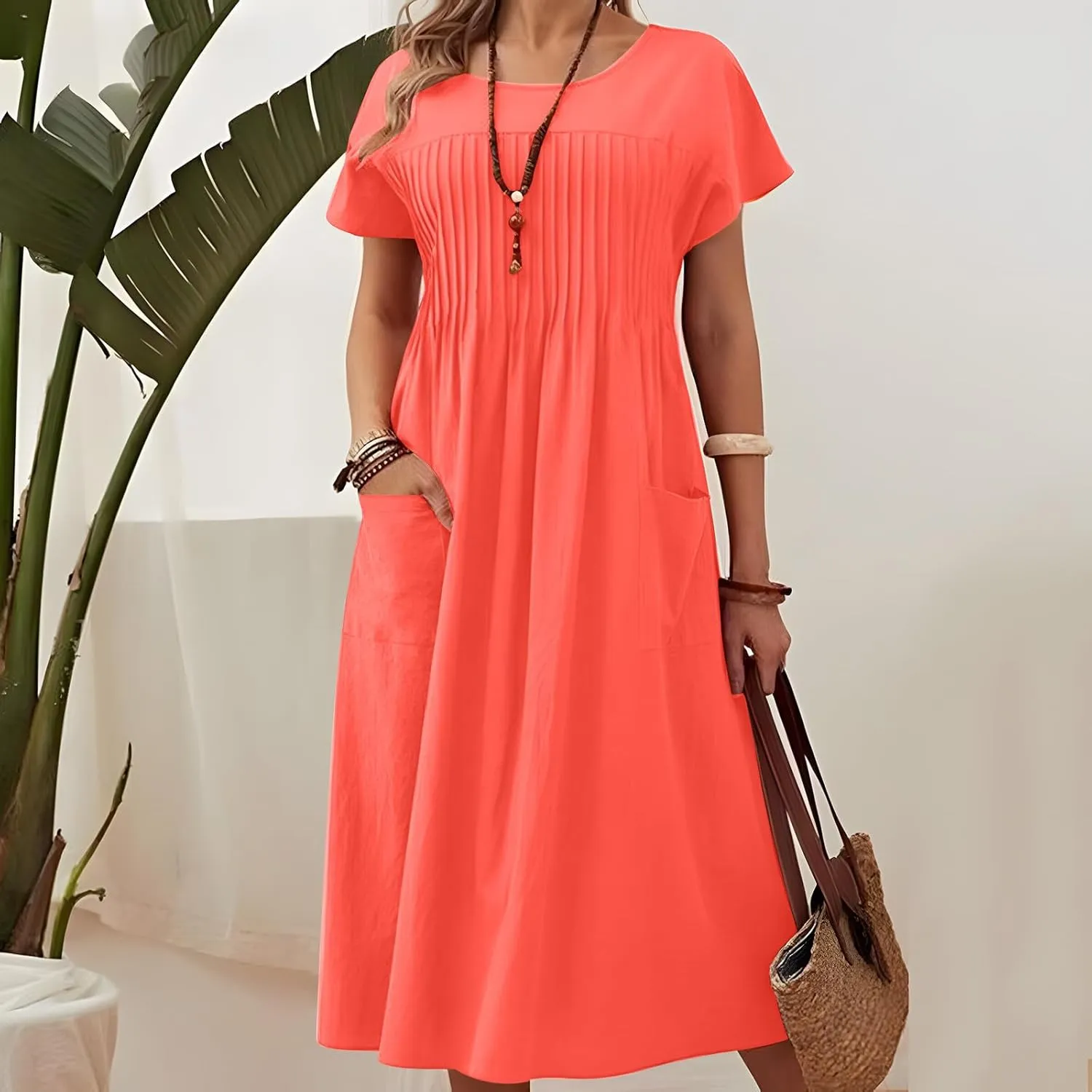 Linen Dresses for Women Summer Casual Short Sleeve Vacation Sundress 2025 Trendy Loose V-Neck Solid Color Dress