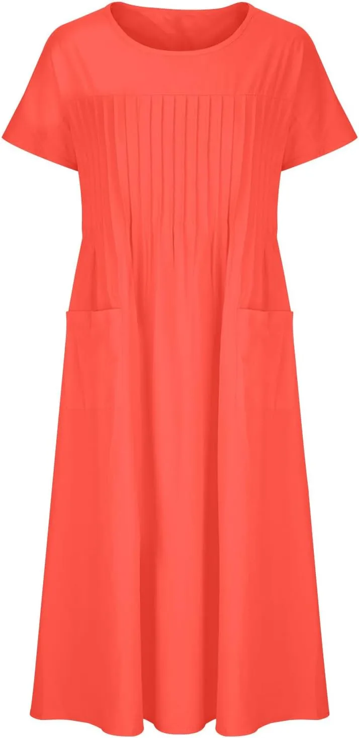 Linen Dresses for Women Summer Casual Short Sleeve Vacation Sundress 2025 Trendy Loose V-Neck Solid Color Dress