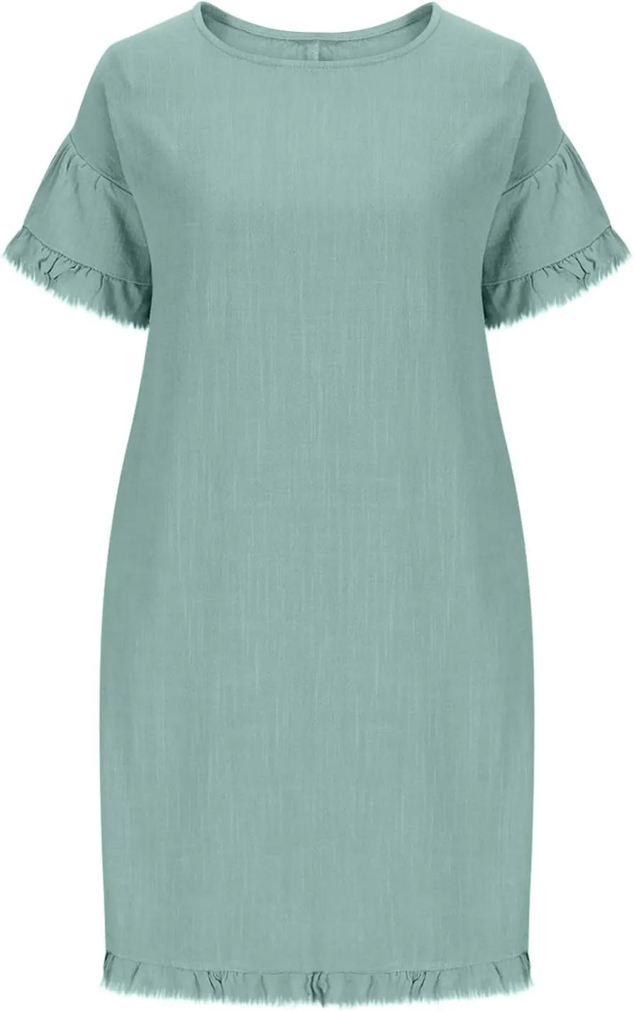 Linen Dresses for Women Summer Cotton Casual Short Sleeve Solid Color Dress Loose Round Neck Vacation Beach Sundress