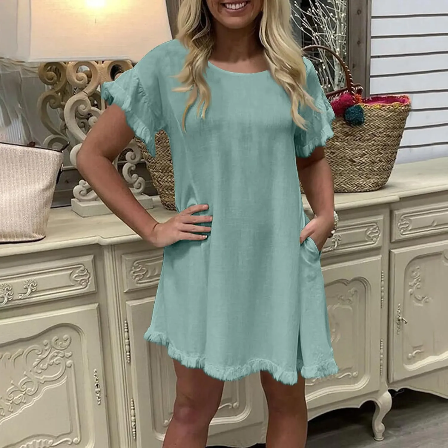 Linen Dresses for Women Summer Cotton Casual Short Sleeve Solid Color Dress Loose Round Neck Vacation Beach Sundress