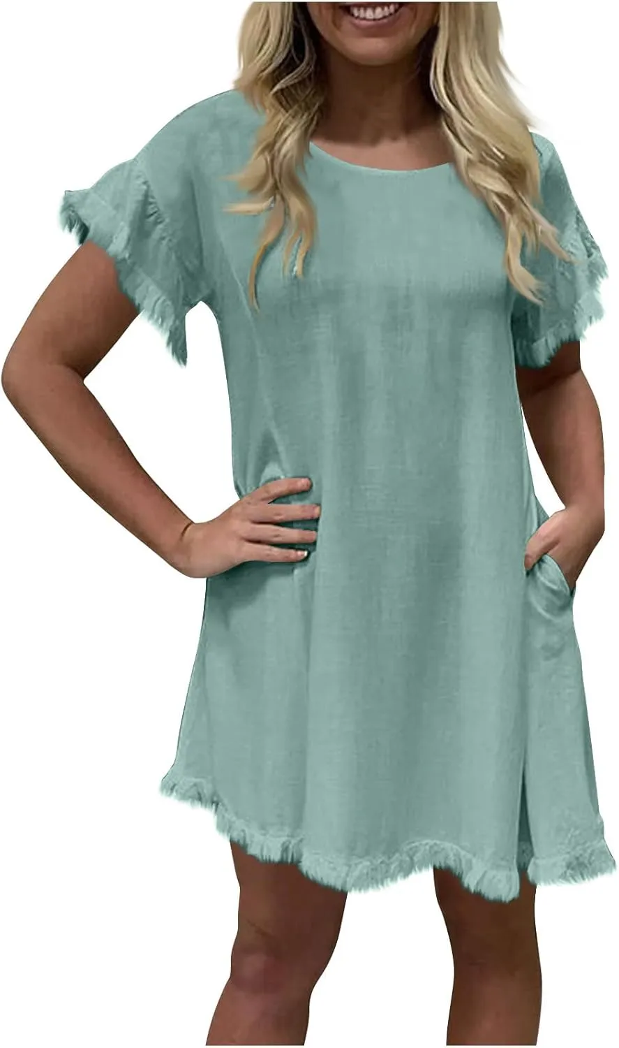 Linen Dresses for Women Summer Cotton Casual Short Sleeve Solid Color Dress Loose Round Neck Vacation Beach Sundress