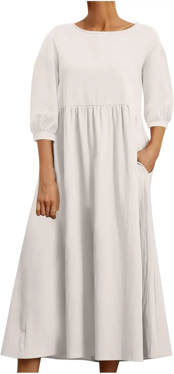 Linen Maxi Dresses for Women 2025 Casual Short Sleeve Solid Color Sundress Fashion Loose Pleated Dress with Pocket