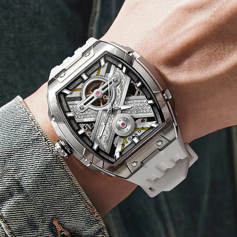 LOBINNI Men's Watch Mechanical Waterproof Tonneau Square Fashion Luxury Wrist Watches for Men Rubber Band Stainless Steel Case
