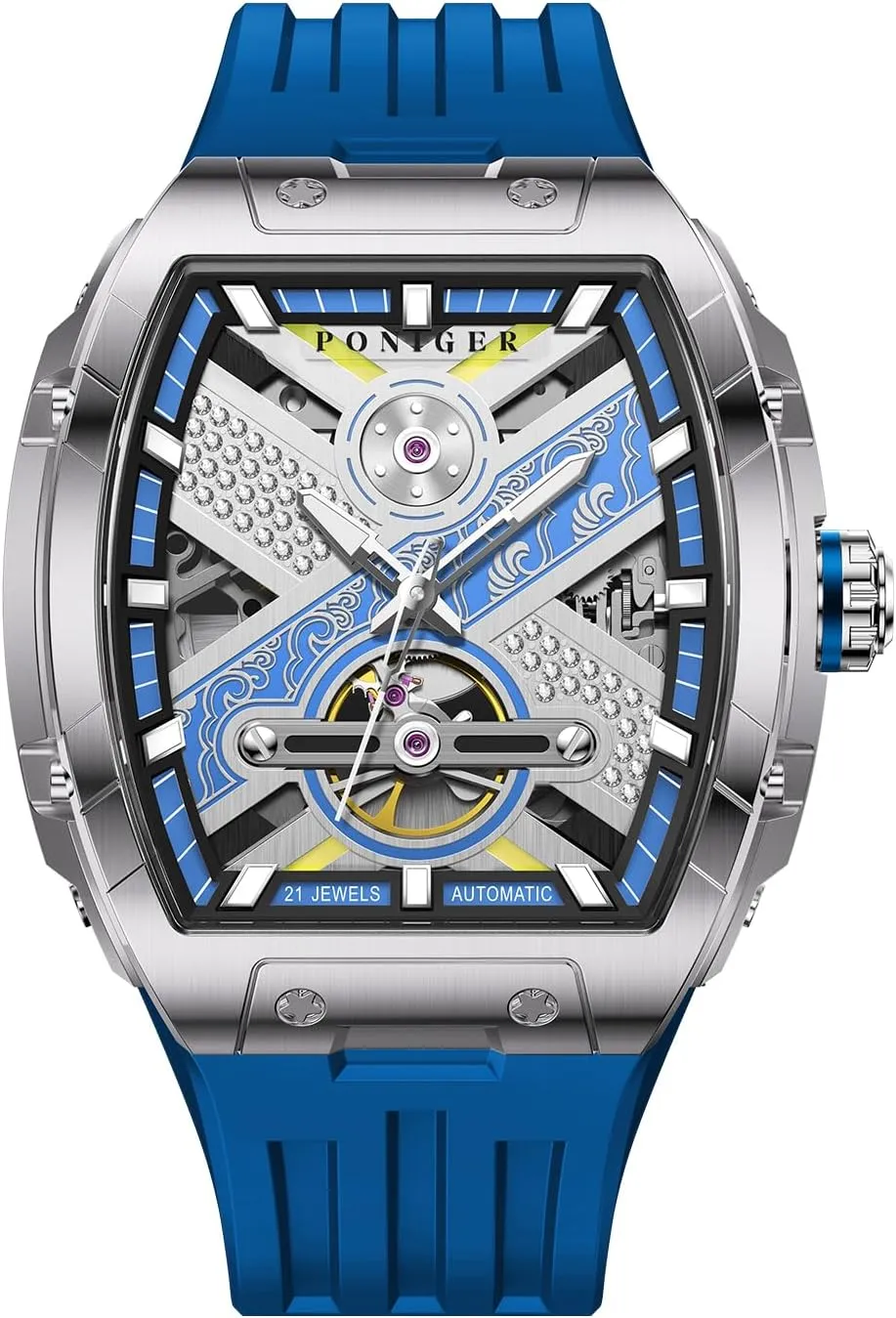 LOBINNI Men's Watch Mechanical Waterproof Tonneau Square Fashion Luxury Wrist Watches for Men Rubber Band Stainless Steel Case