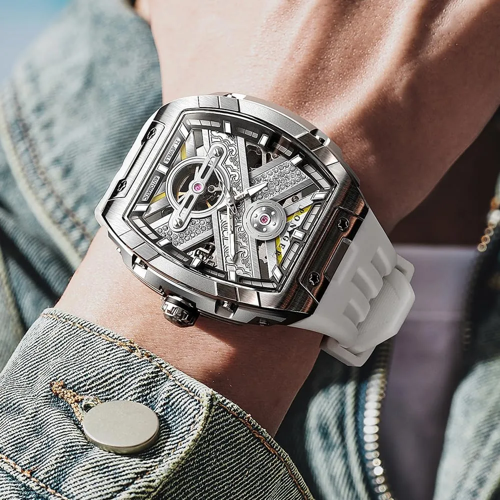 LOBINNI Men's Watch Mechanical Waterproof Tonneau Square Fashion Luxury Wrist Watches for Men Rubber Band Stainless Steel Case