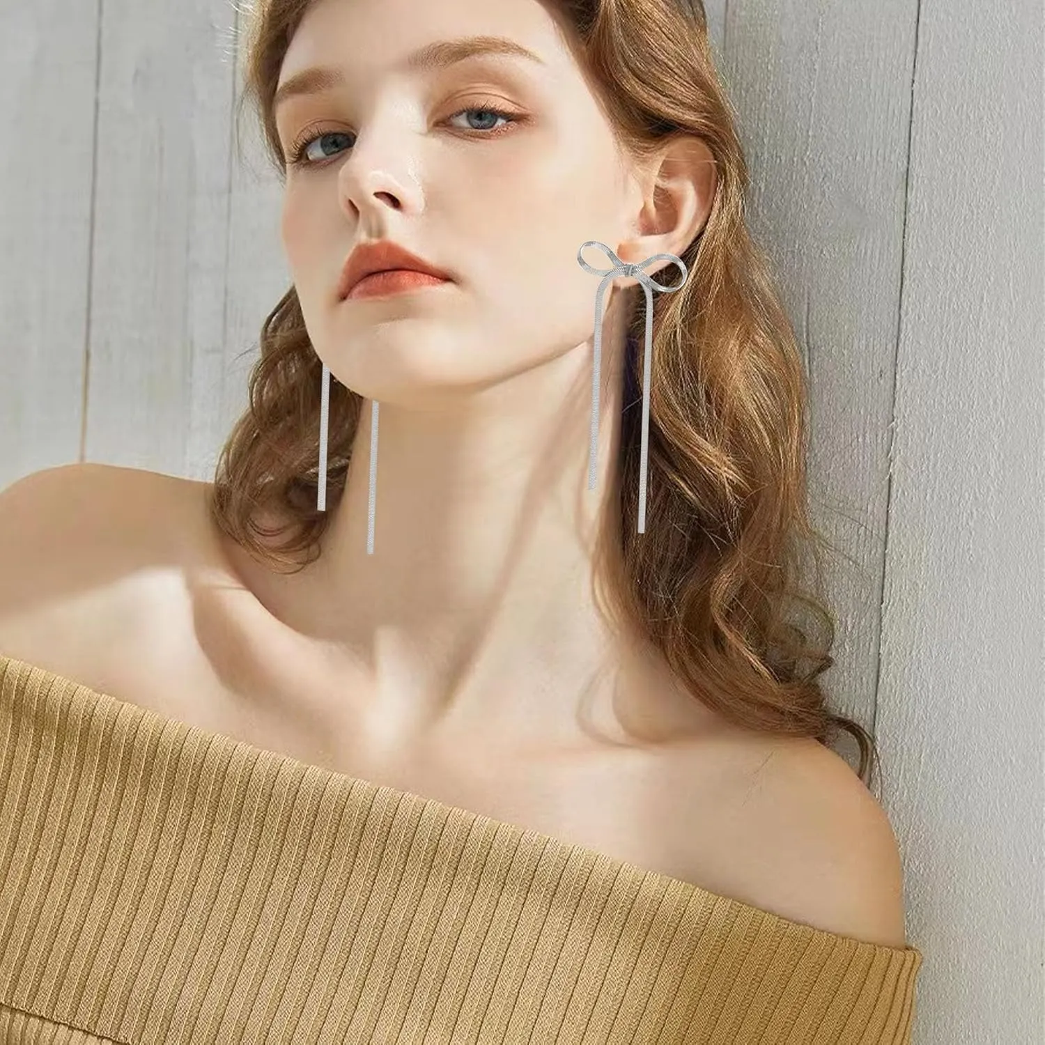Long Chain Bow Dangle Drop Tassel Earrings for Women Statement Ribbon Fringe Stud Earring Wedding Prom Jewelry Gifts
