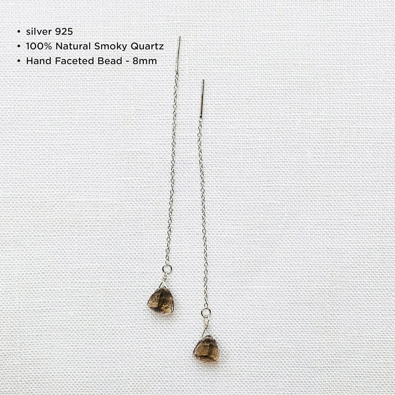 Long Chain Threader Earrings, Tassel Handmade Gemstones Quartz Crystals, Hypoallergenic 925 Sterling Silver, Jewelry Gifts for Girls Woman (smoky-quartz triangle)