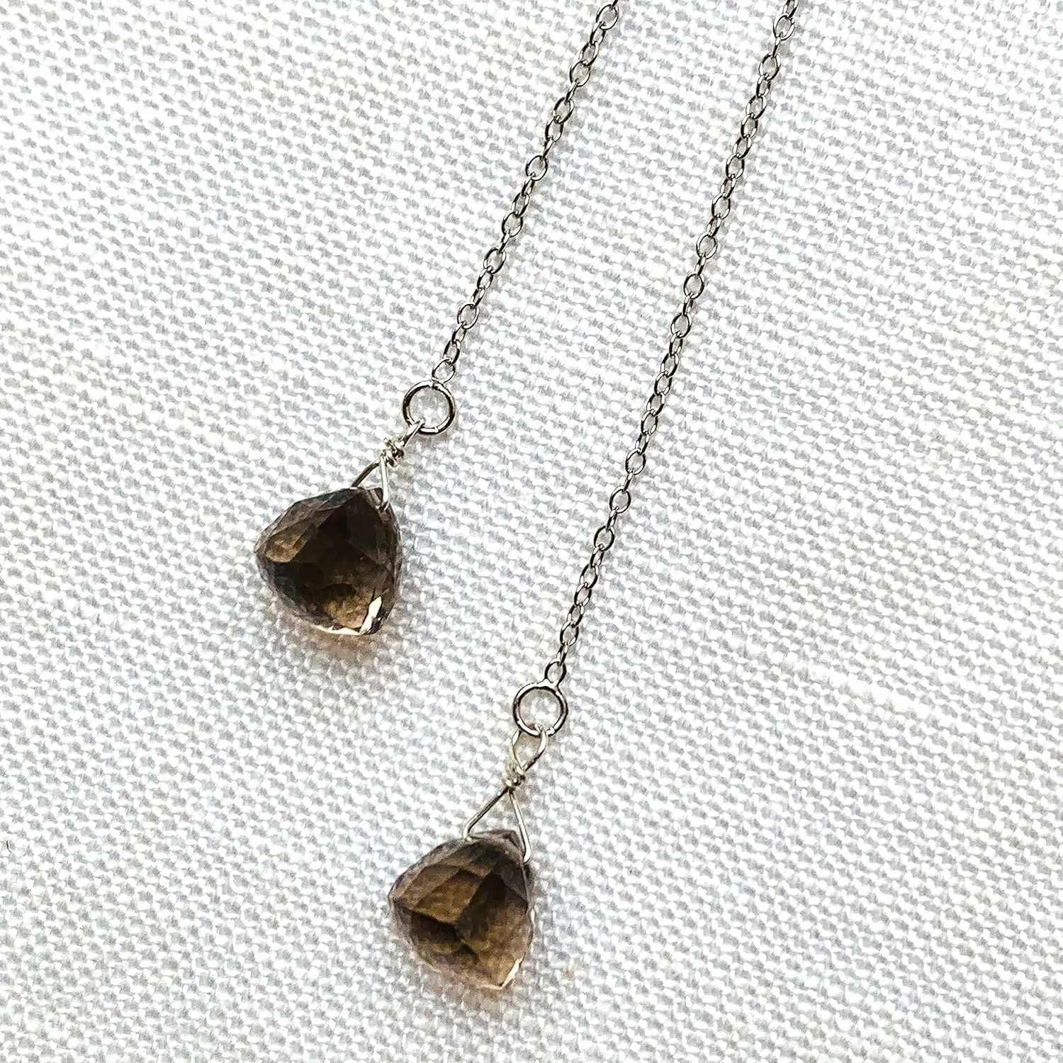 Long Chain Threader Earrings, Tassel Handmade Gemstones Quartz Crystals, Hypoallergenic 925 Sterling Silver, Jewelry Gifts for Girls Woman (smoky-quartz triangle)