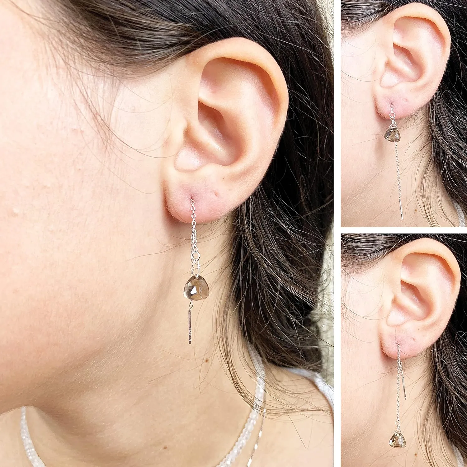 Long Chain Threader Earrings, Tassel Handmade Gemstones Quartz Crystals, Hypoallergenic 925 Sterling Silver, Jewelry Gifts for Girls Woman (smoky-quartz triangle)