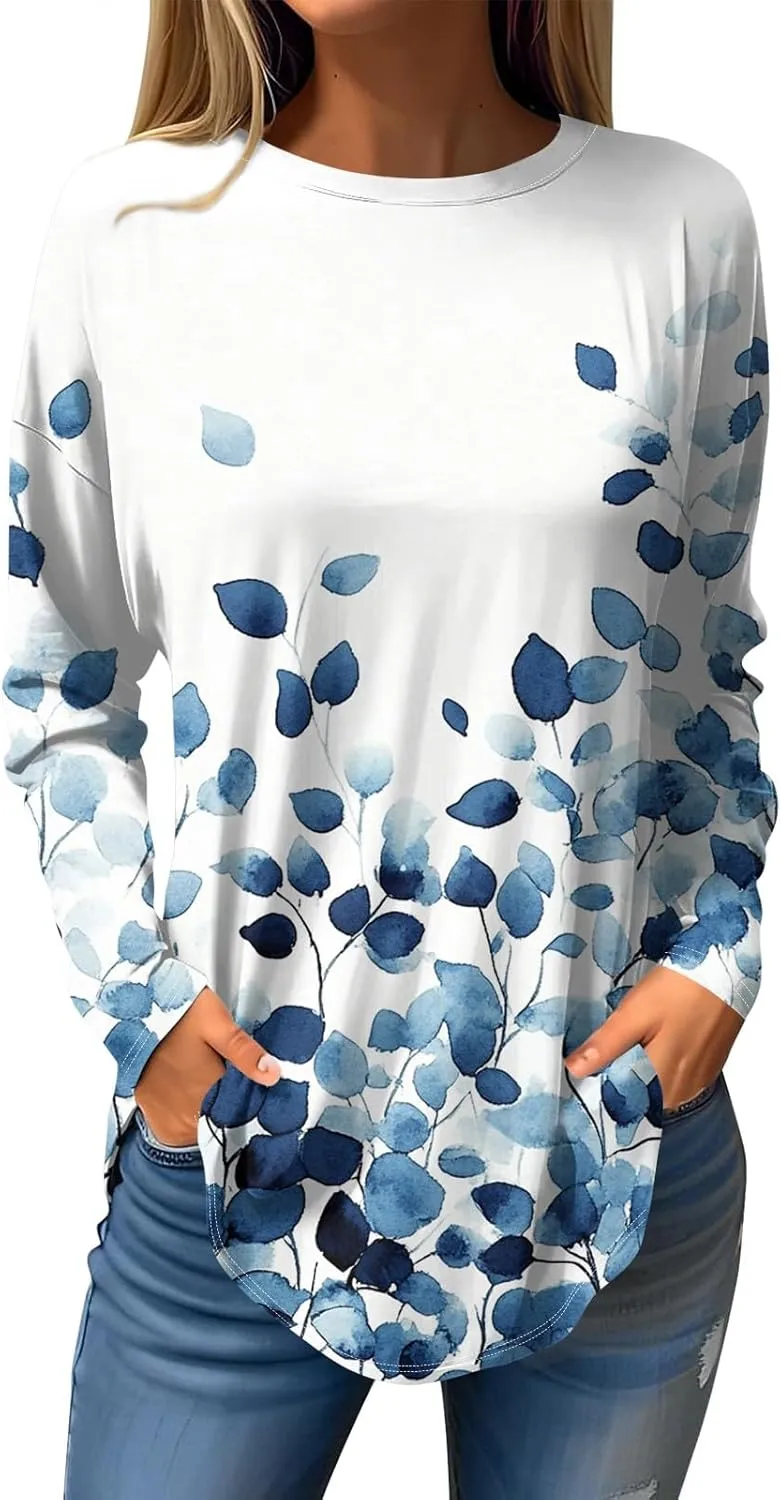 Long Sleeve Shirts for Women Crewneck Basic Tunics Tops Casual Comfy Printed Blouse Fashion Spring 2025