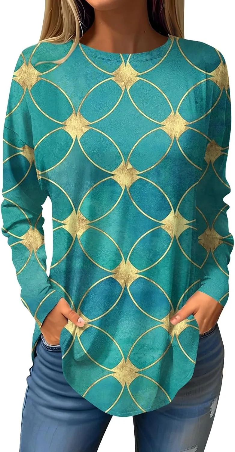 Long Sleeve Shirts for Women Crewneck Basic Tunics Tops Casual Comfy Printed Blouse Fashion Spring 2025